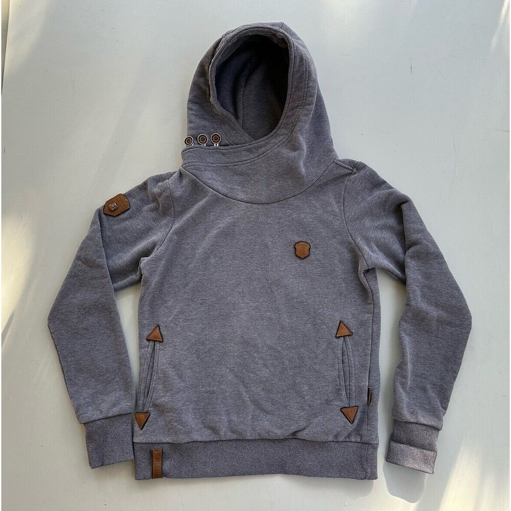 Naketano Women's Gray Hoodie Button Collar Pockets Leather Accents - Size Large